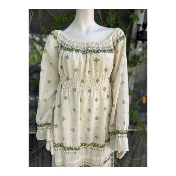 SOLD 70s boho Wool Maxi Dress Floral Print Chevron Jaquard Smocked Off Shoulder - Picture 12 of 13
